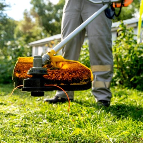 A,Man,With,A,Grass,Trimmer,Mows,The,Grass.,High